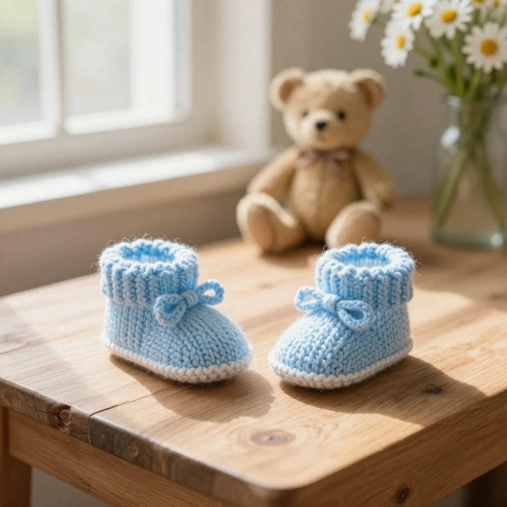 A pair of tiny, pastel blue knitted baby booties on a rustic...
