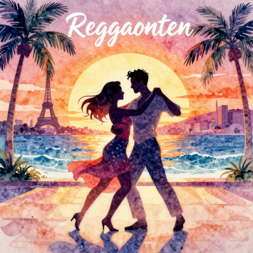 Vibrant watercolor style. Reggaeton album art: A romantic si...