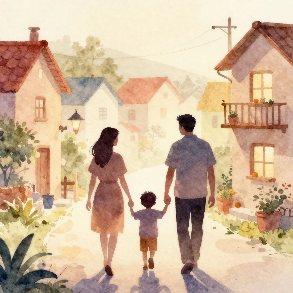 Subtle silhouettes of a family (parents and a child) walking...