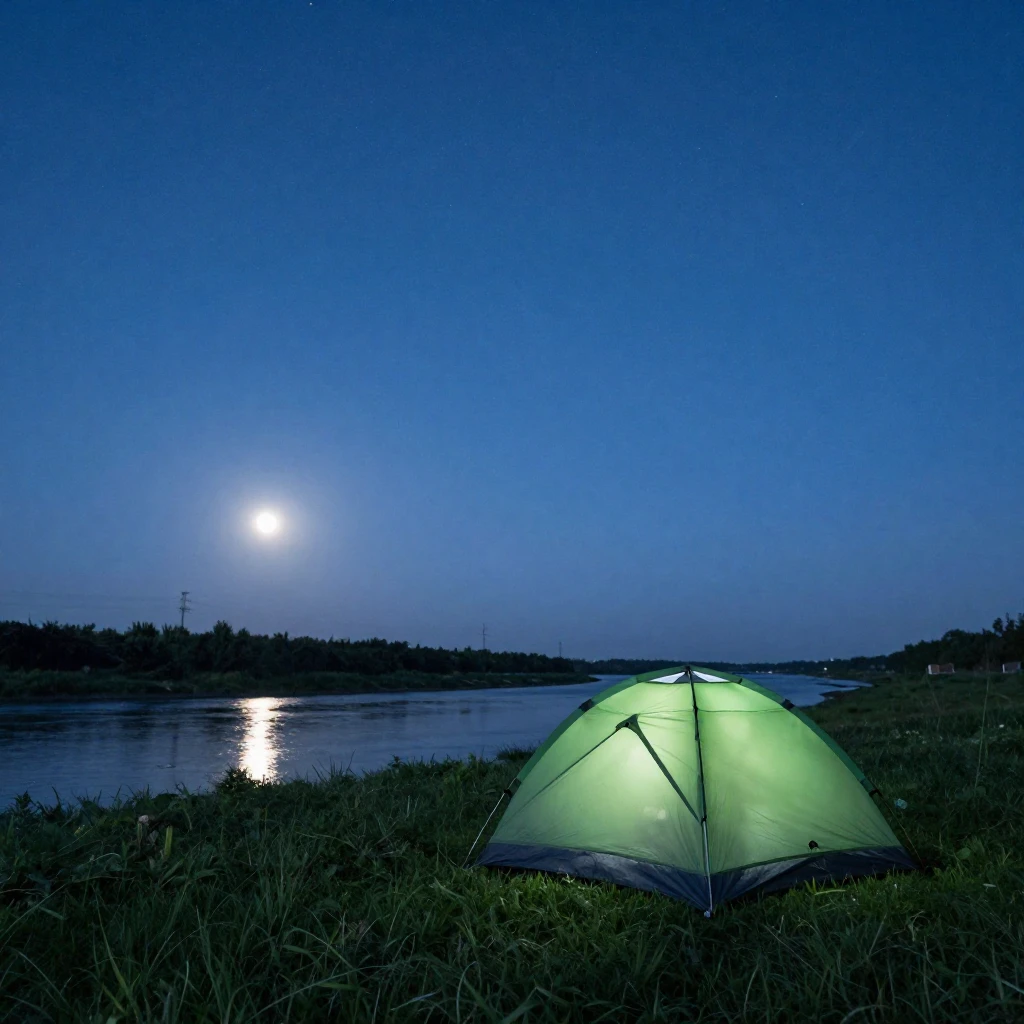 A lonely tent set up in a green field under a clear, starry ...