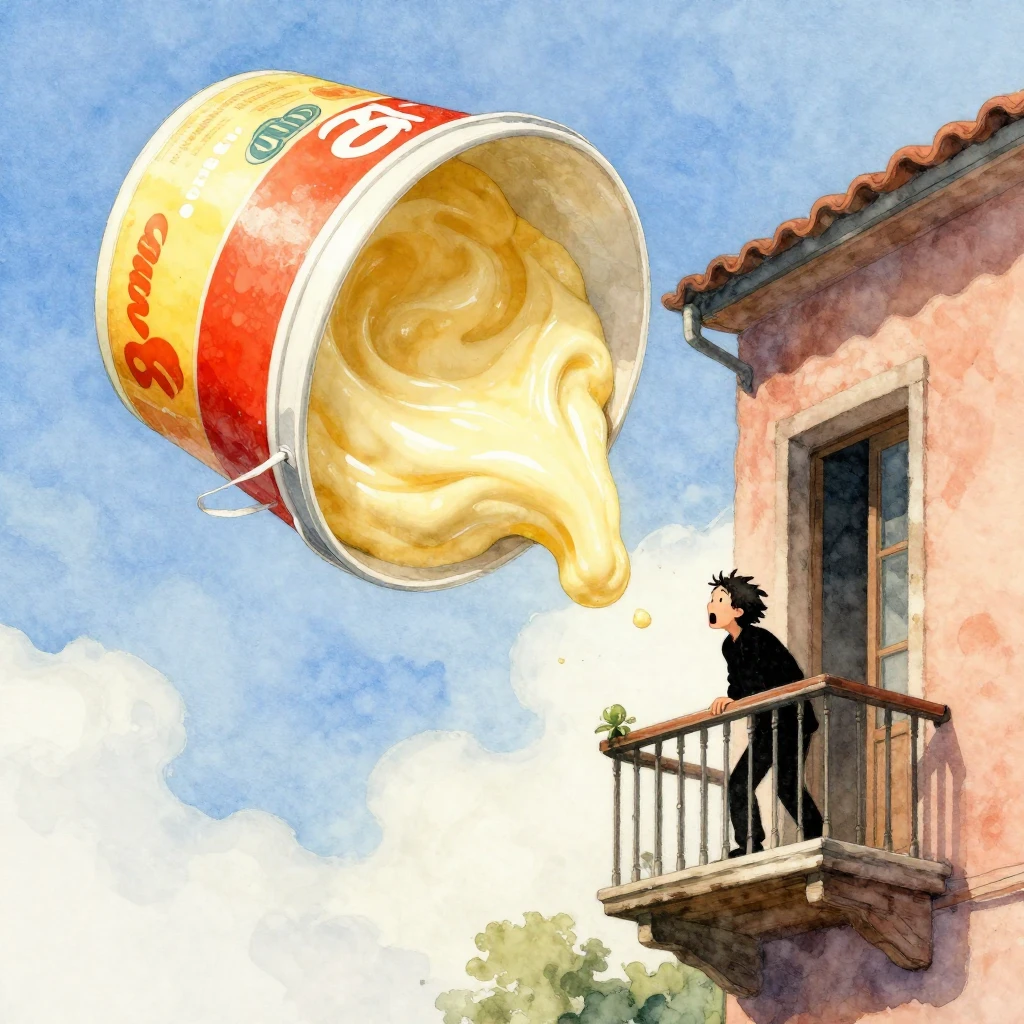 An absurd and humorous watercolor image. A giant, unexpected...