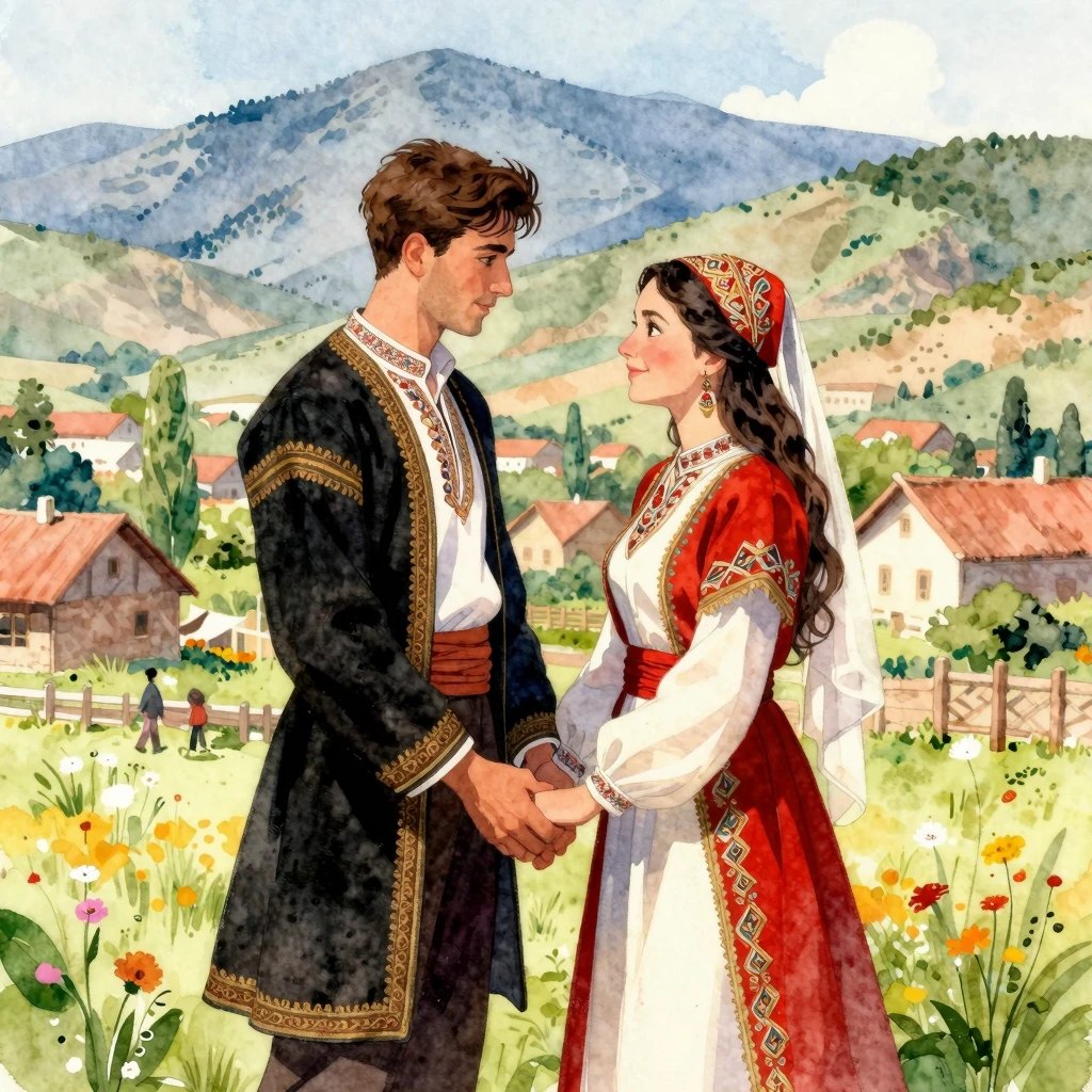 A young couple, a man and a woman, in traditional Armenian a...