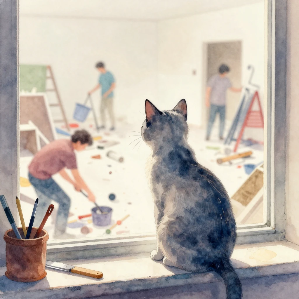 Vibrant watercolor style. A cool, calm cat named Lucky, a ph...