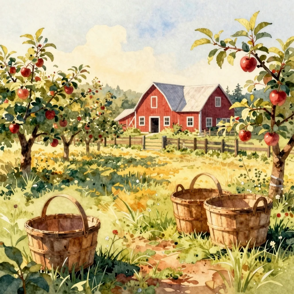 Watercolor style. A charming country farm in the background ...