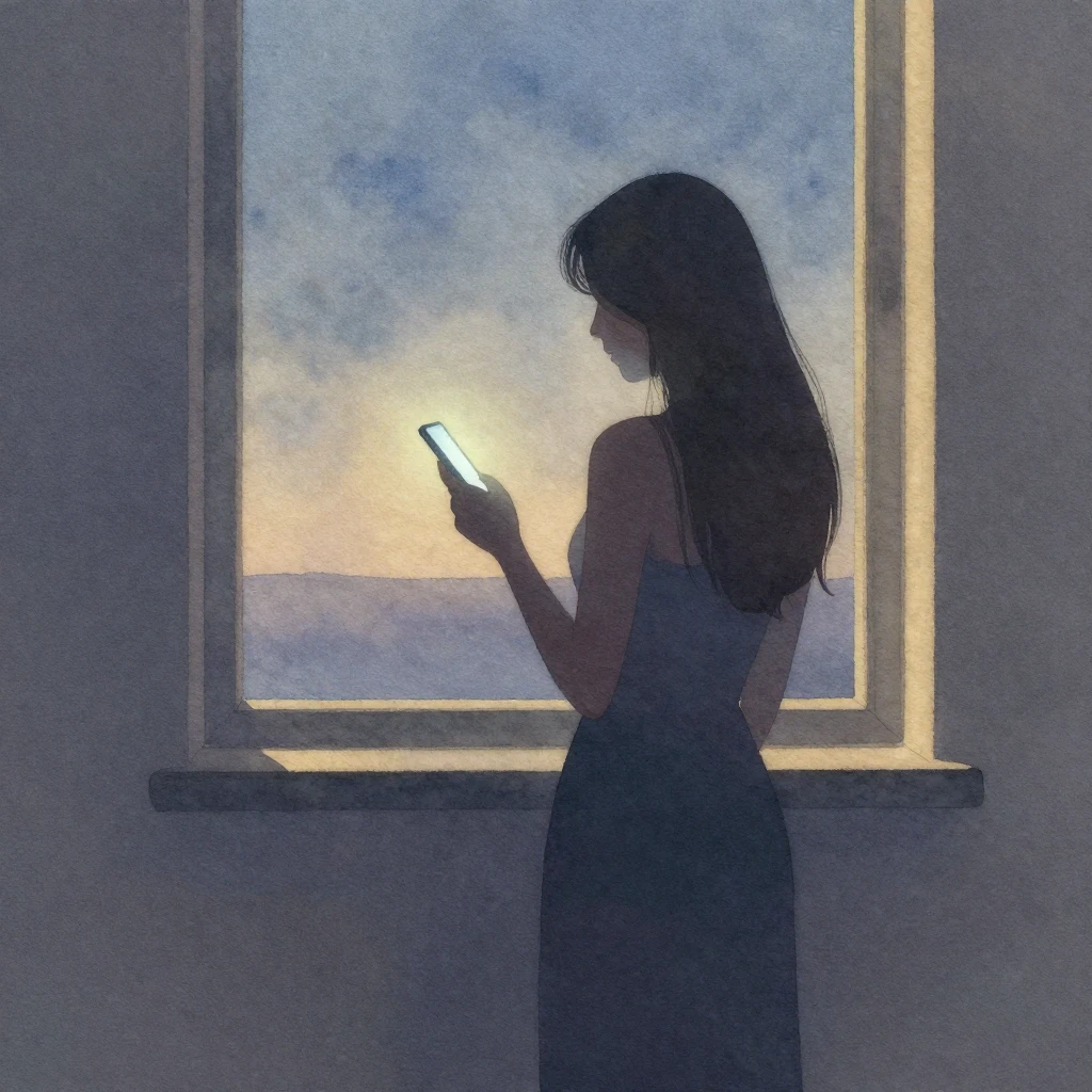 A minimalist watercolor painting of a woman's silhouette sta...