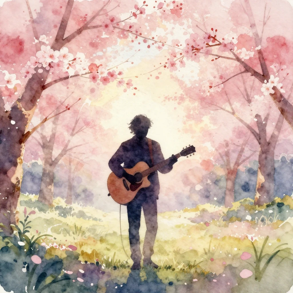 Watercolor painting of a musician silhouette with a guitar i...