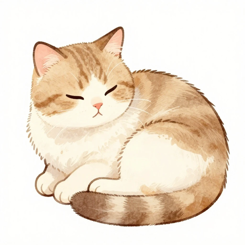 A cute watercolor illustration of a fluffy cat curled up pea...