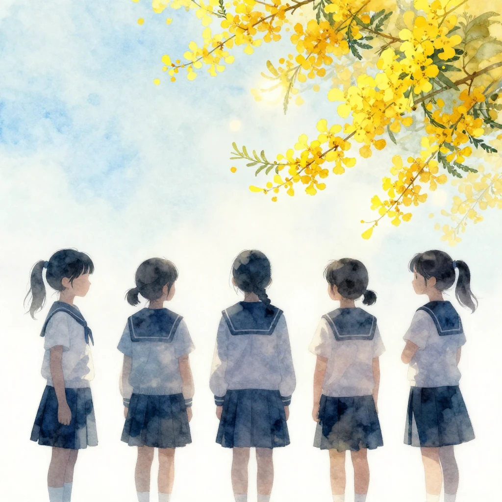 Watercolor style, silhouettes of young girls in cadet unifor...