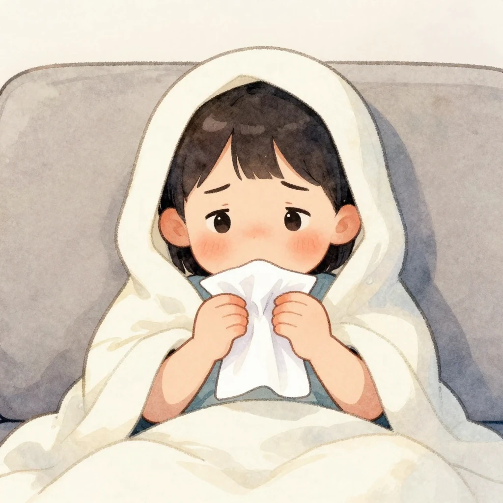 A watercolor illustration of a small child with flushed chee...