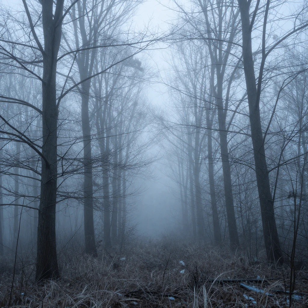 A misty winter forest scene dominated by cold blue and silve...