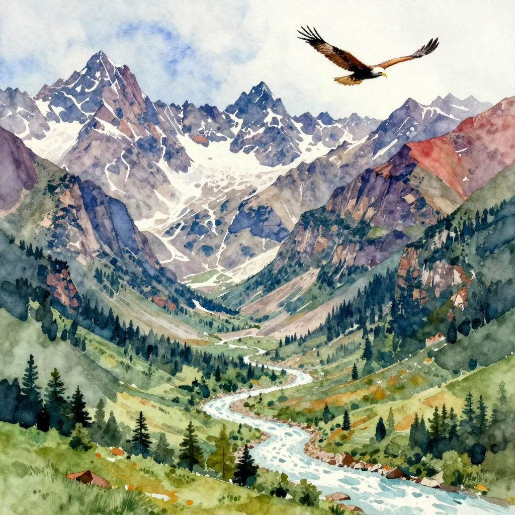 Majestic Caucasian mountains with jagged peaks, deep valleys...