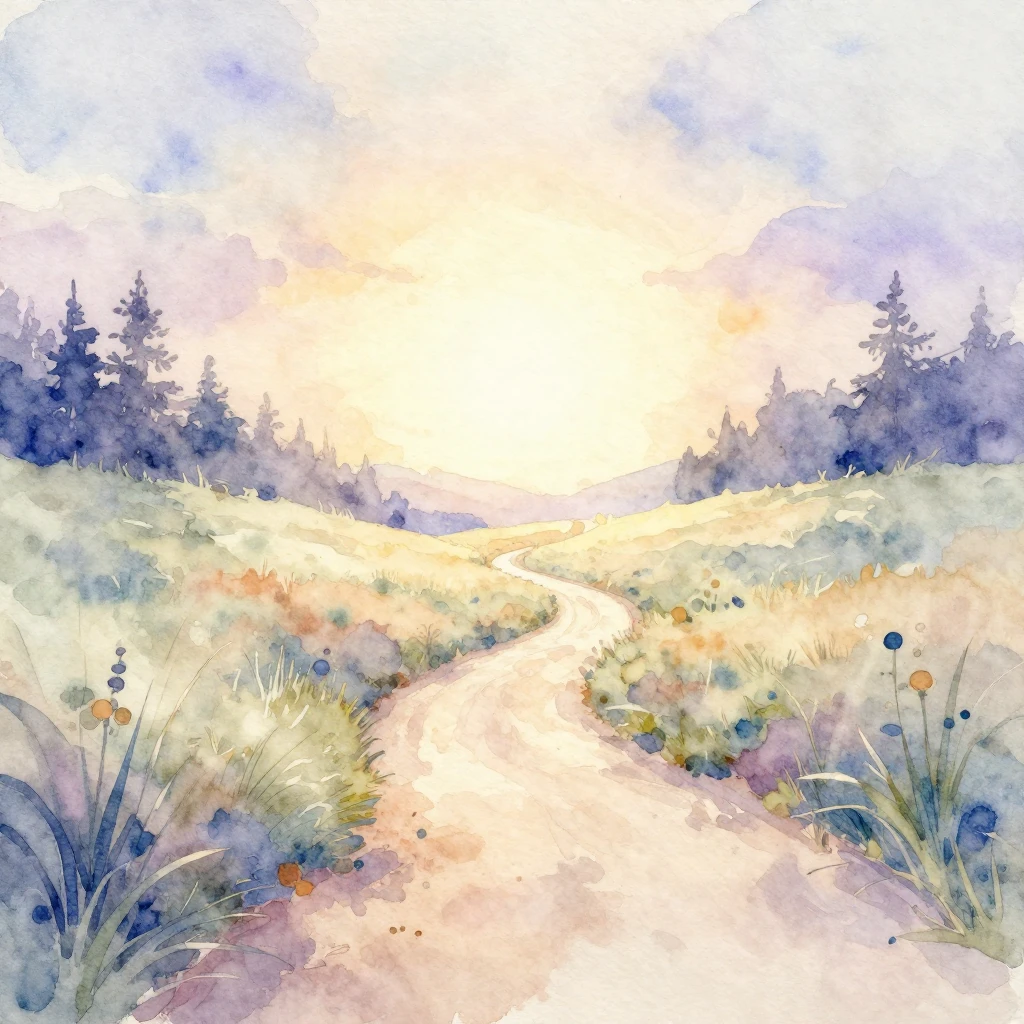 An ethereal watercolor scene depicting a subtle, abstract li...