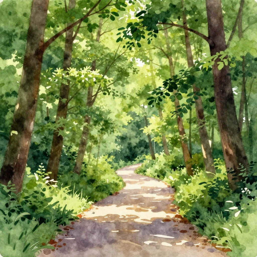 A winding forest path rendered in a vibrant watercolor style...