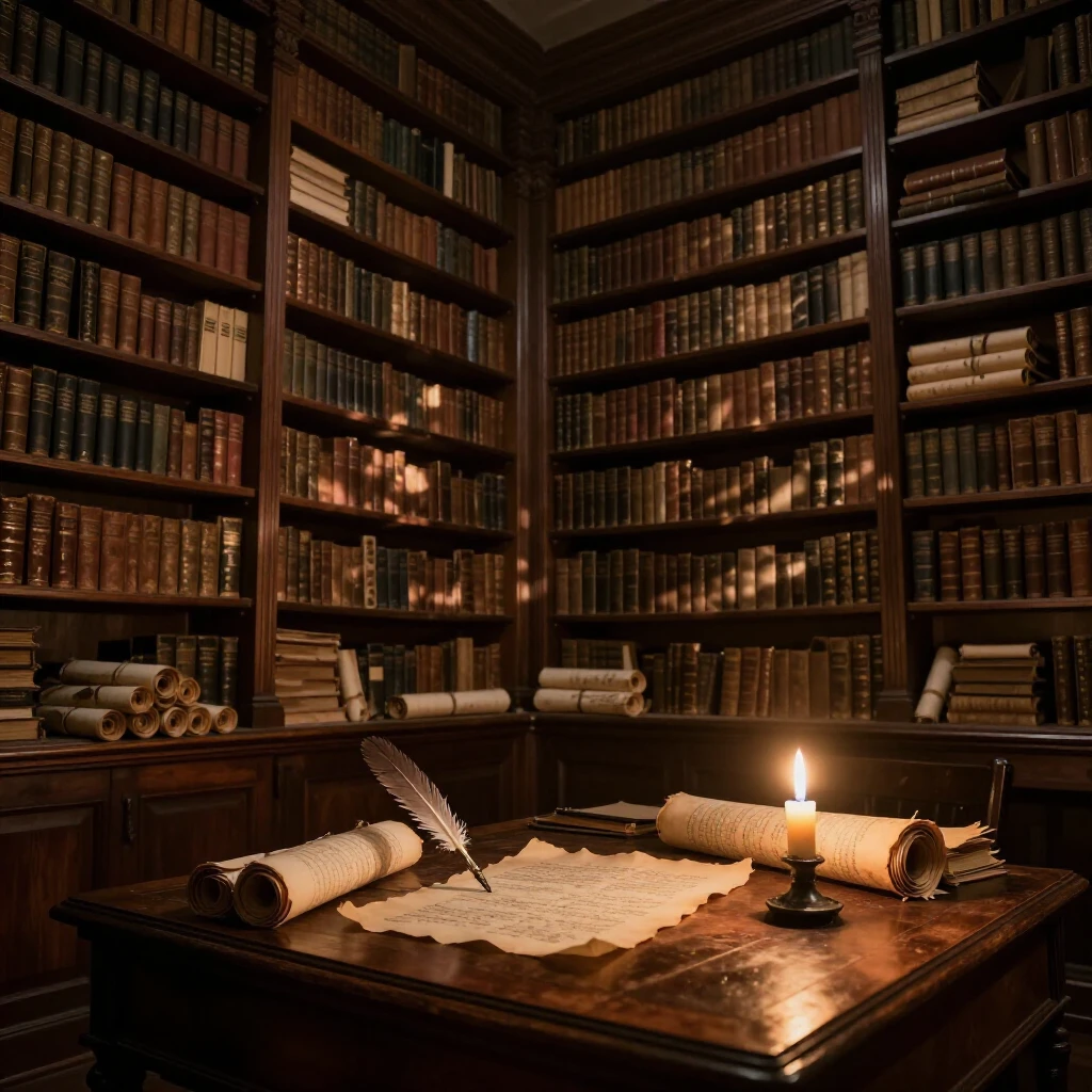 A vast, old library interior, filled with towering shelves o...