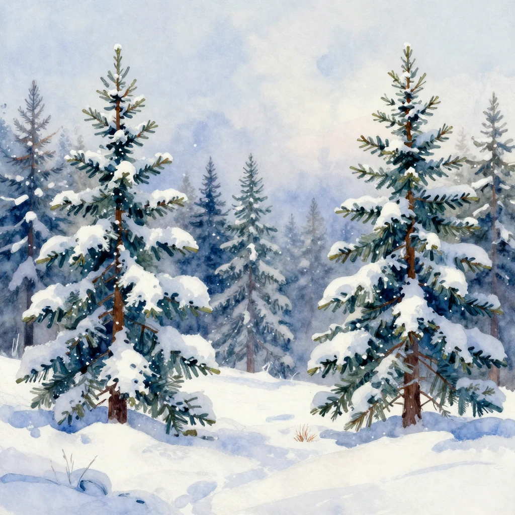 Vibrant watercolor painting of a serene winter landscape wit...
