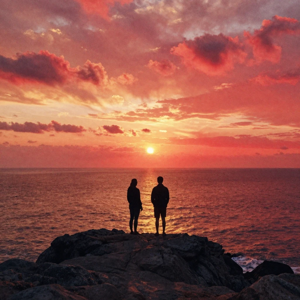 Two silhouetted figures standing on a rocky coastal cliff, w...
