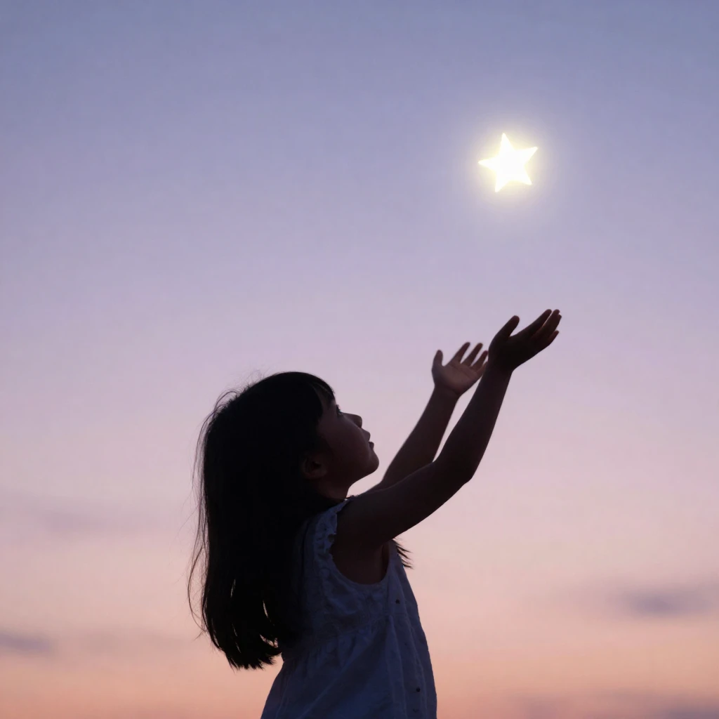 A silhouette of a small girl with delicate features, reachin...