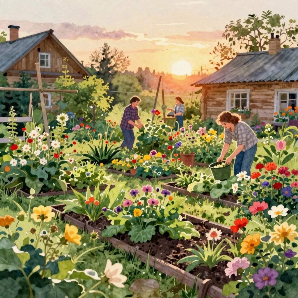 A vibrant, idyllic Russian dacha garden at sunset, overflowi...