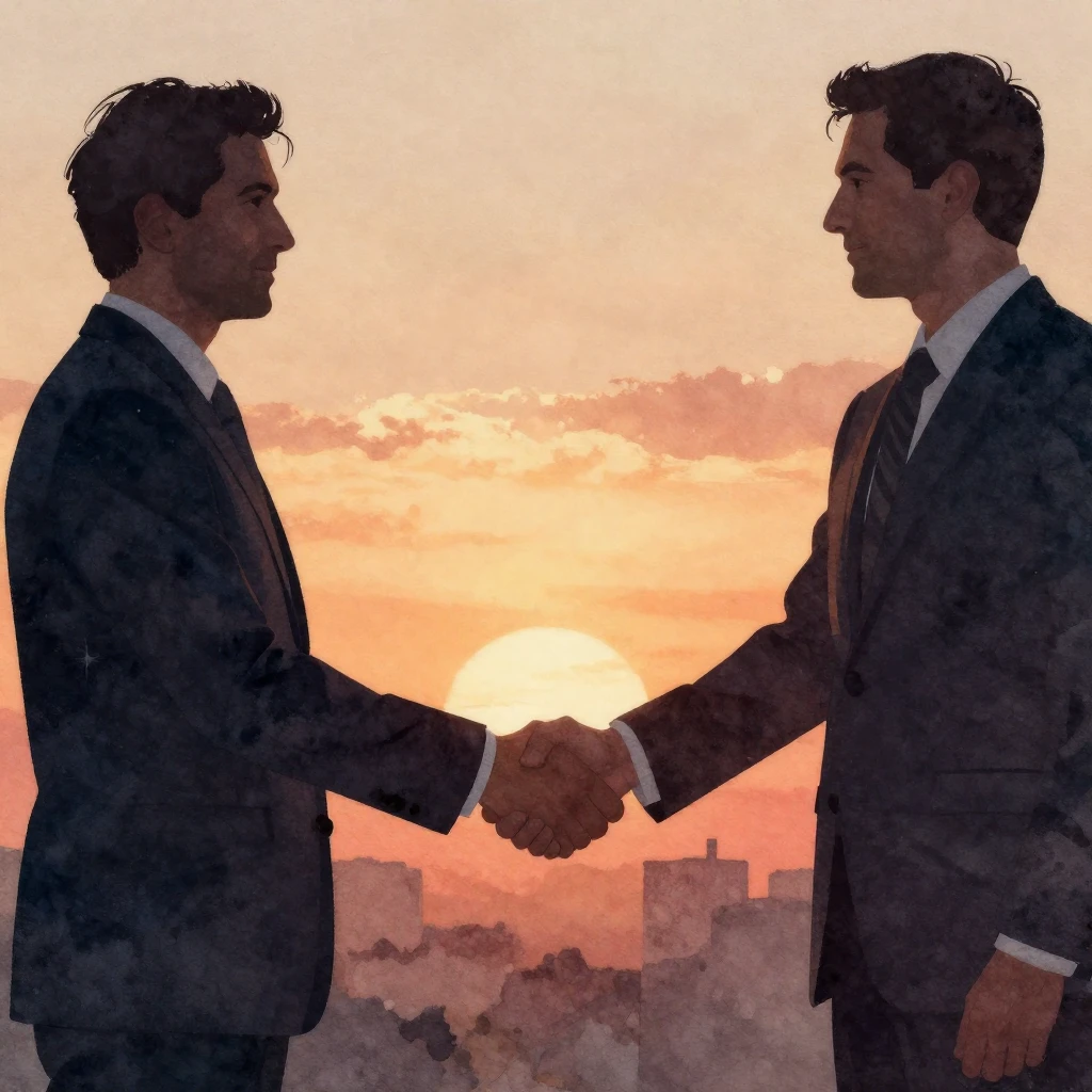 A vibrant watercolor painting of two silhouetted men shaking...