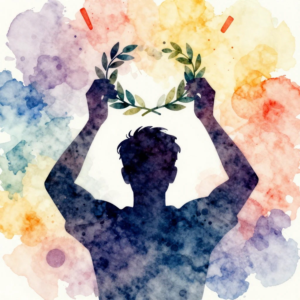 Vibrant watercolor style. A symbolic image of a man being ce...