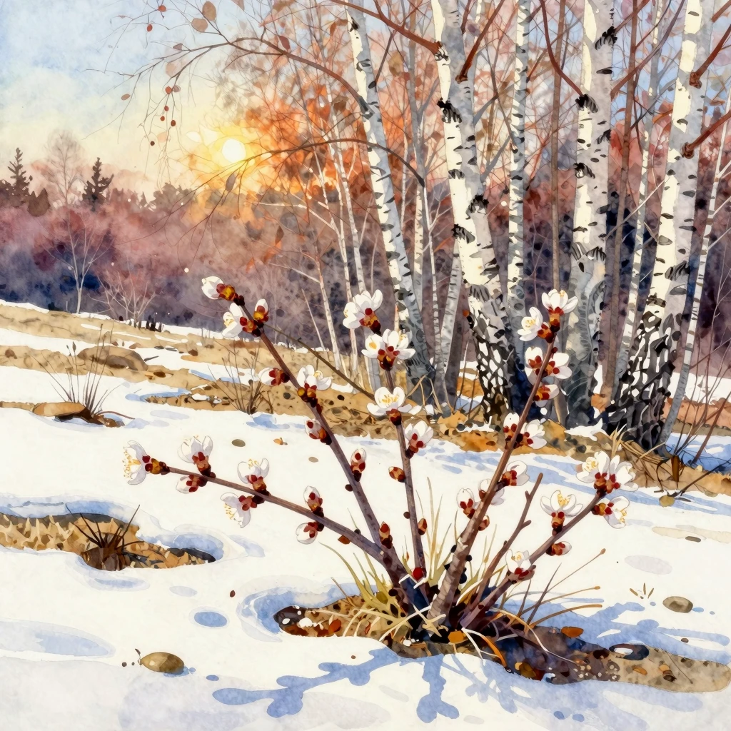 Vibrant watercolor painting focusing on delicate first flowe...