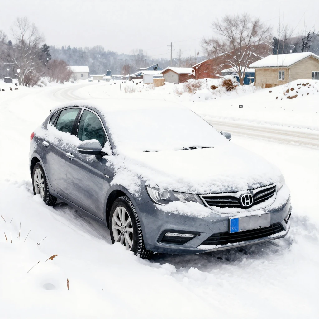 A modern car partially buried in a snowdrift on a rural road...