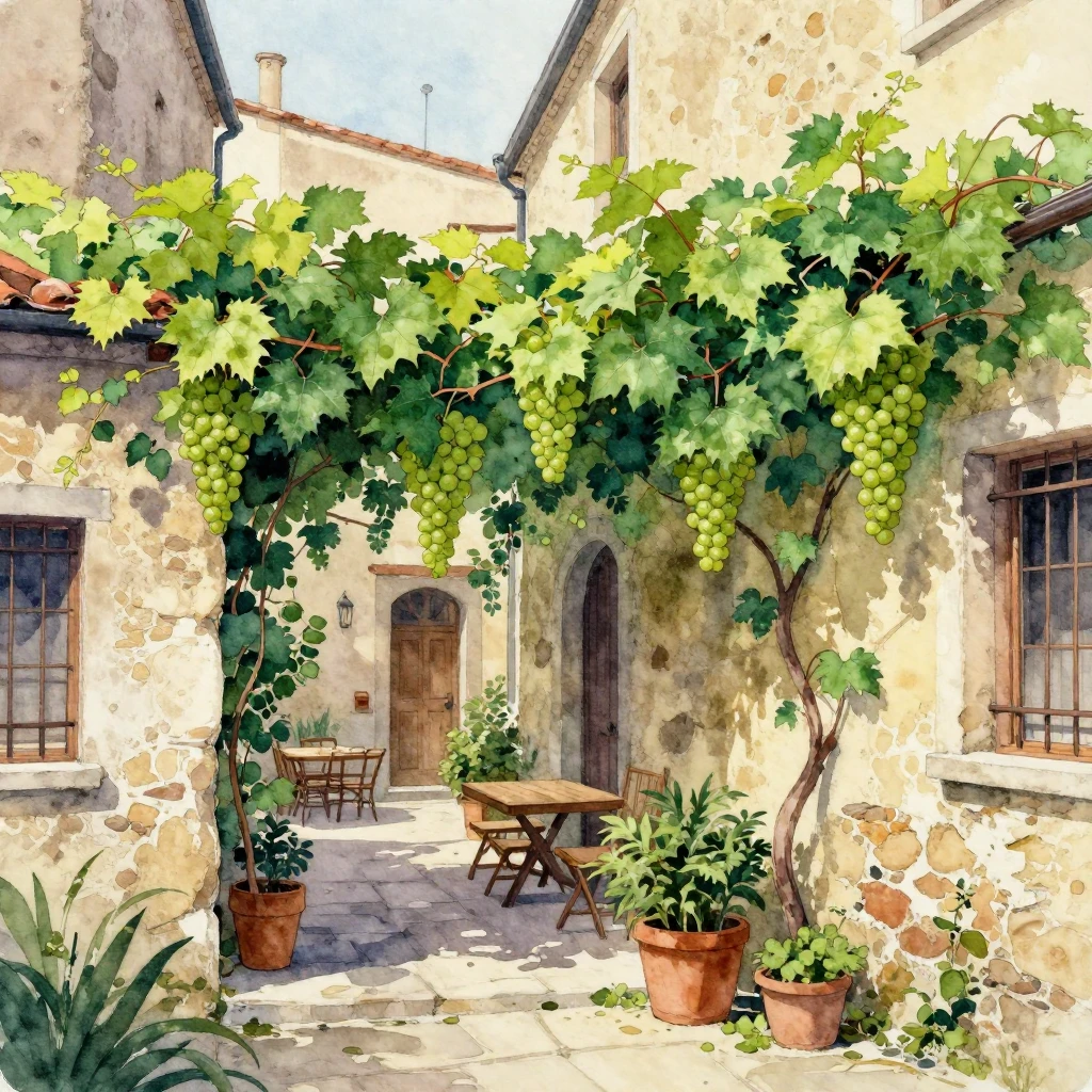 A vibrant watercolor painting of wild grapes climbing old, t...