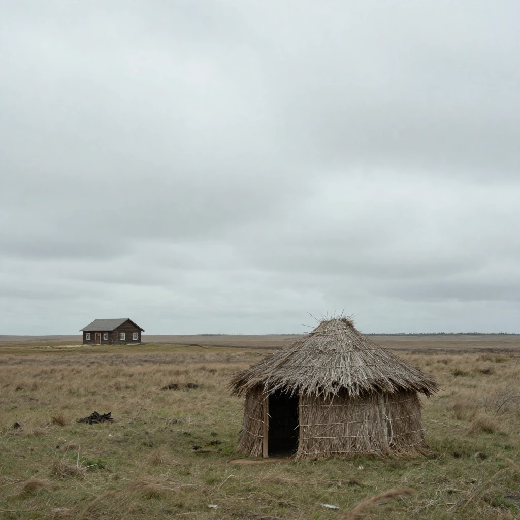 An artistic depiction of a small, vulnerable straw hut stand...