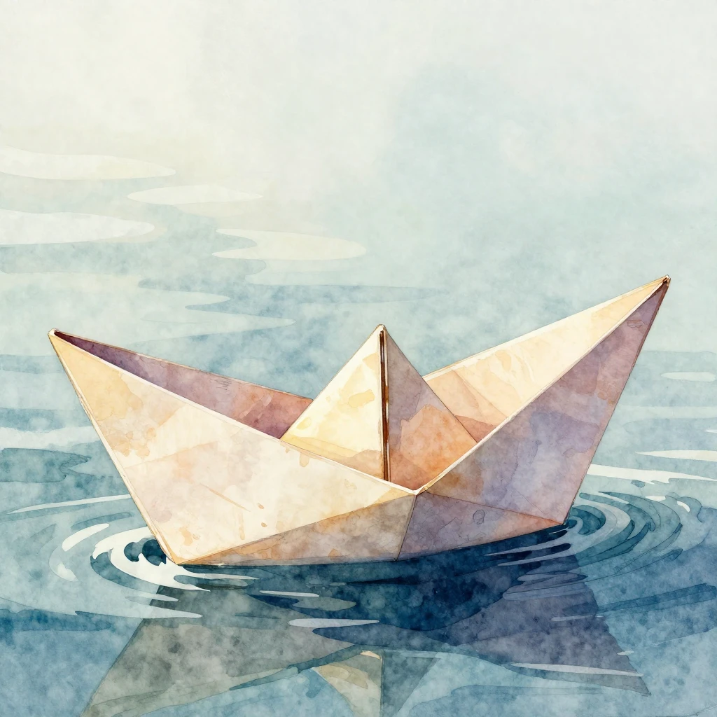 A majestic, stylized paper boat, battered but resilient, flo...
