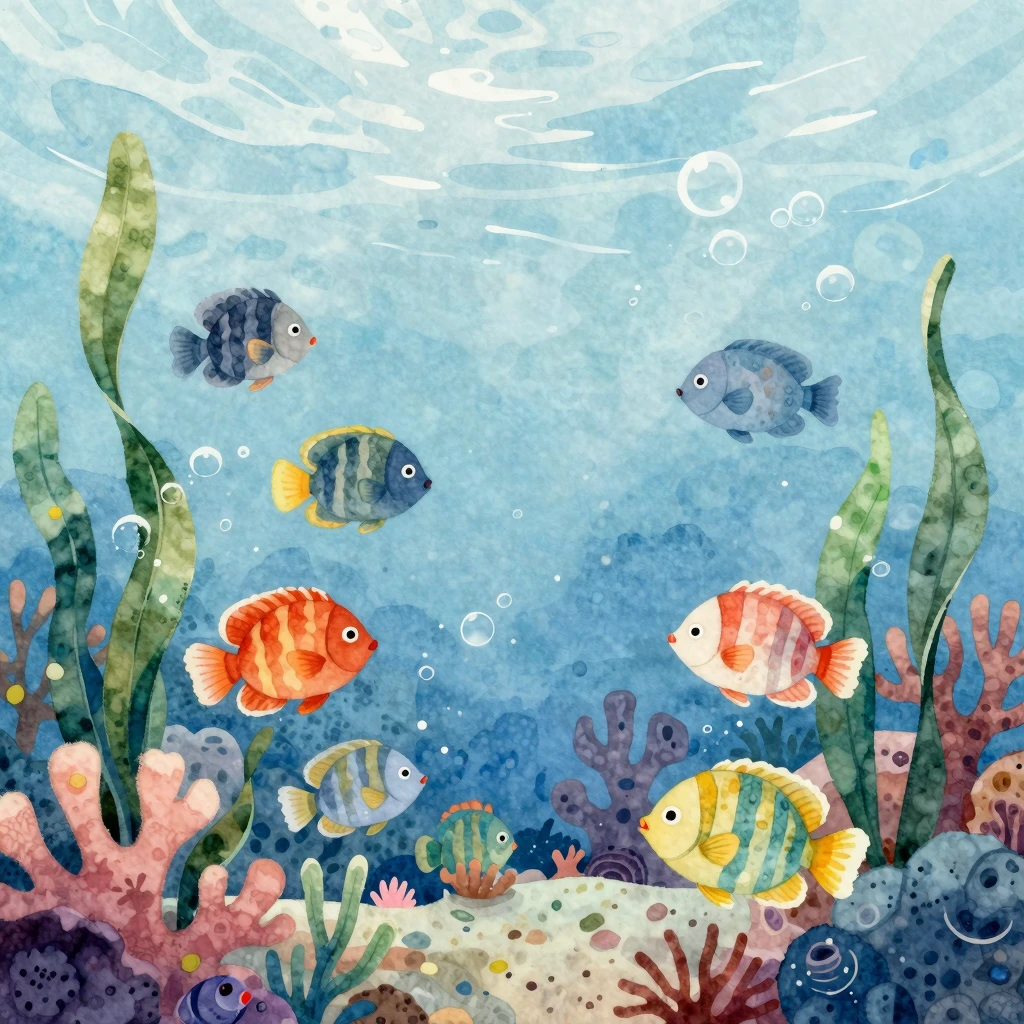 A whimsical watercolor illustration of coral reefs with colo...