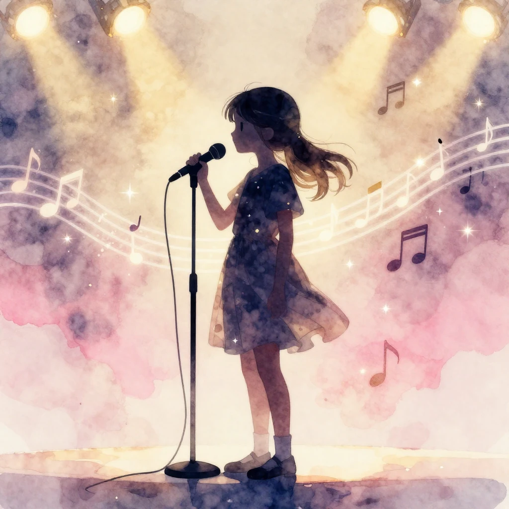 Watercolor style. A silhouette of a young girl standing on a...