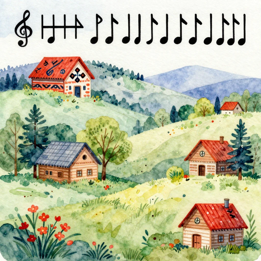 A vibrant watercolor landscape blending Mordovian folk art s...