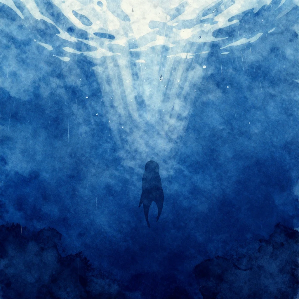 Vibrant watercolor style. Dark blue ocean, deep abyss, fadin...