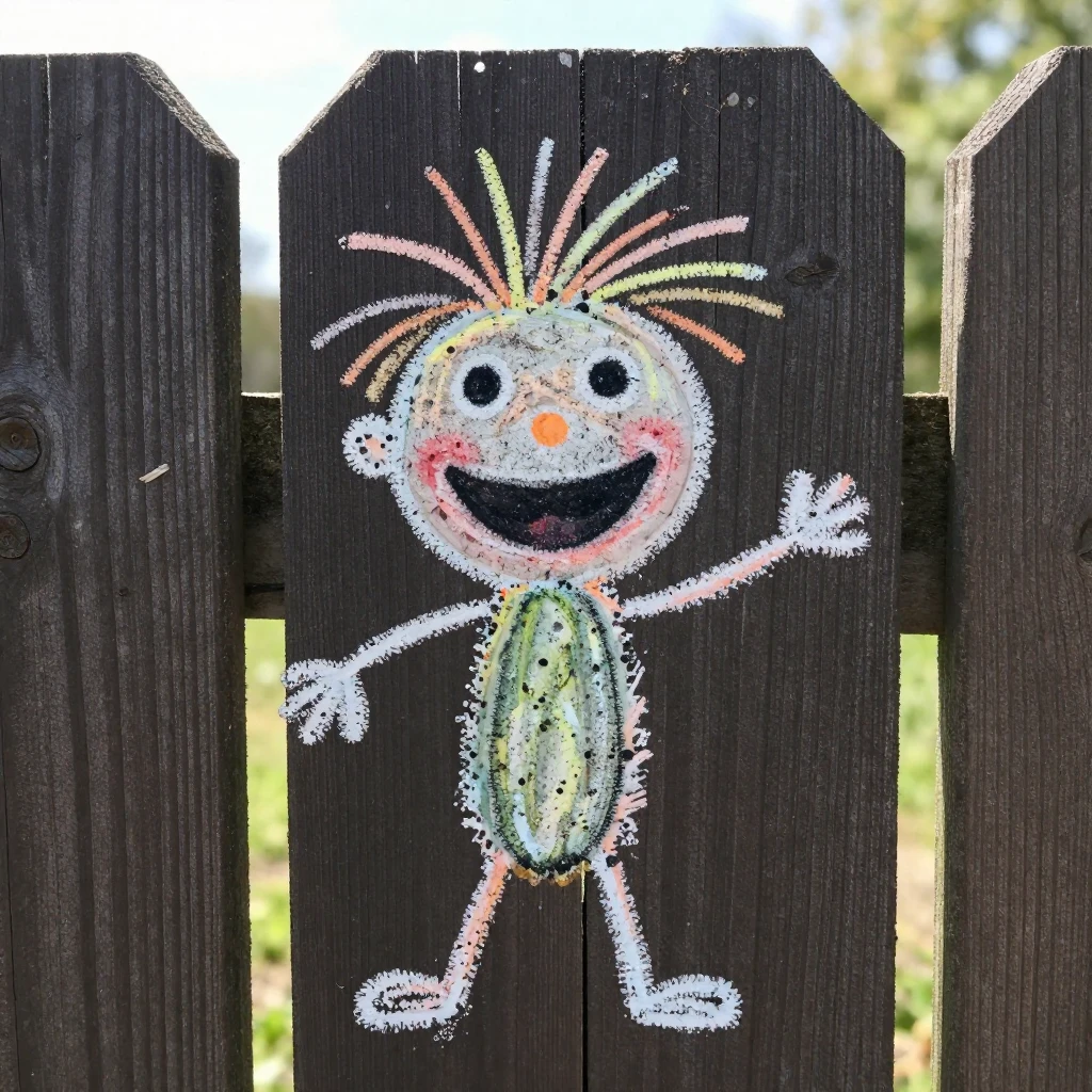 A whimsical, childlike drawing of a funny stick figure with ...