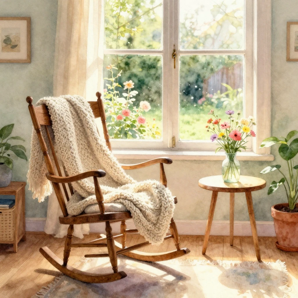 A beautiful watercolor painting of a cozy sunlit living room...
