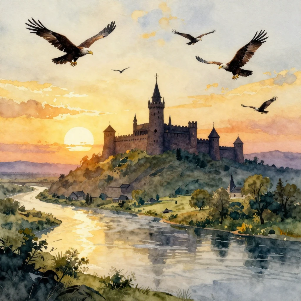 Watercolor painting of an ancient Slavic fortress silhouette...