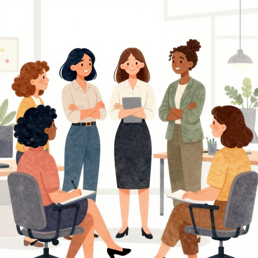 A cheerful watercolor illustration of a group of diverse wom...