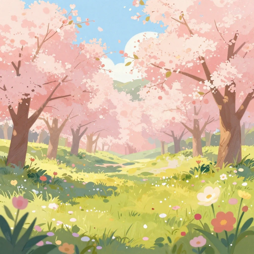 An artistic illustration of a vibrant spring landscape with ...