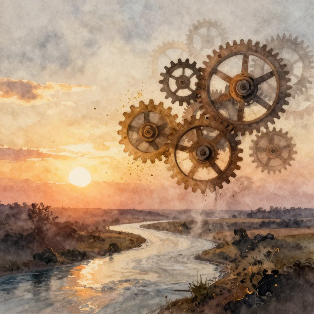 Watercolor painting focusing on abstract clock gears dissolv...