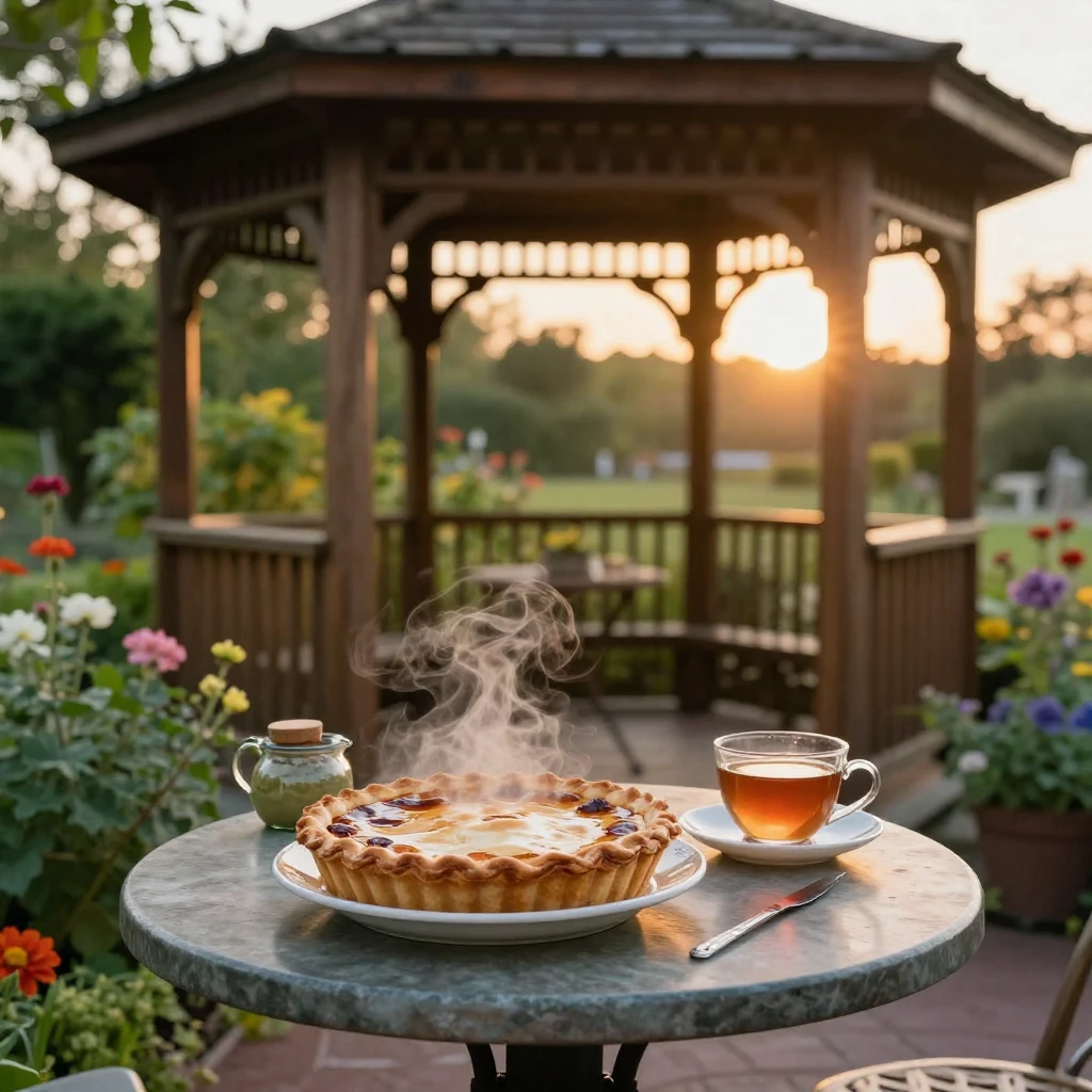 A table set with a steaming homemade pie and tea inside a co...