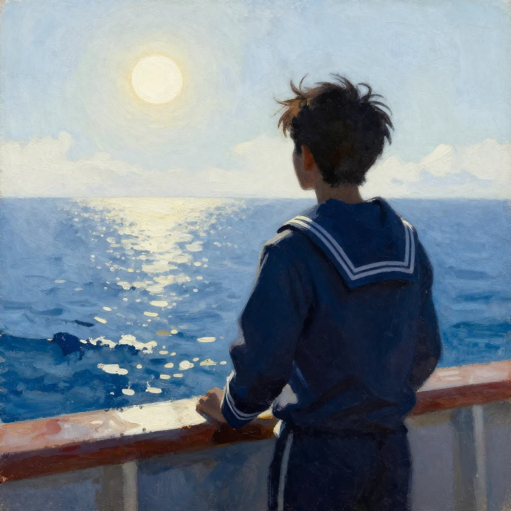 A contemplative silhouette of a young sailor stands on the d...