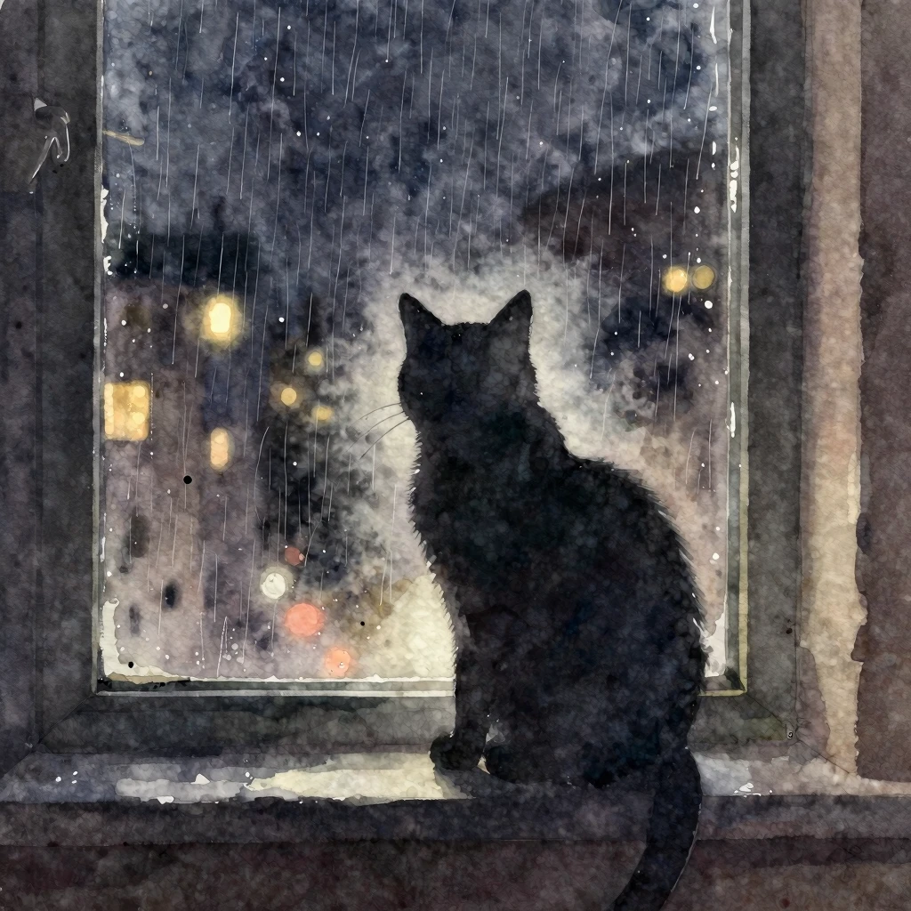 Watercolor art of a cat silhouette sitting on a window ledge...