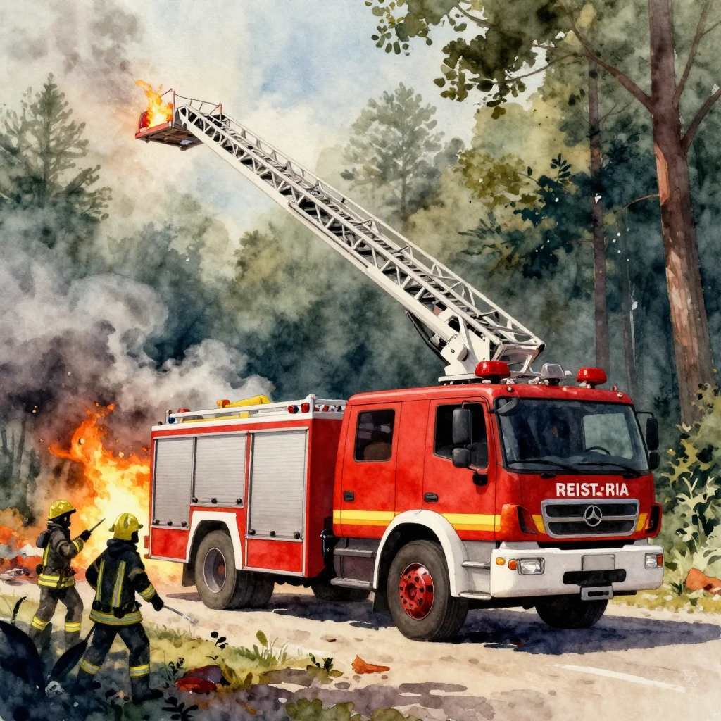 Watercolor style. A red fire truck with ladders extended, ba...