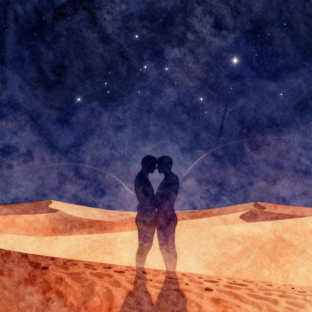 Vibrant watercolor style. Deep techno desert landscape, two ...