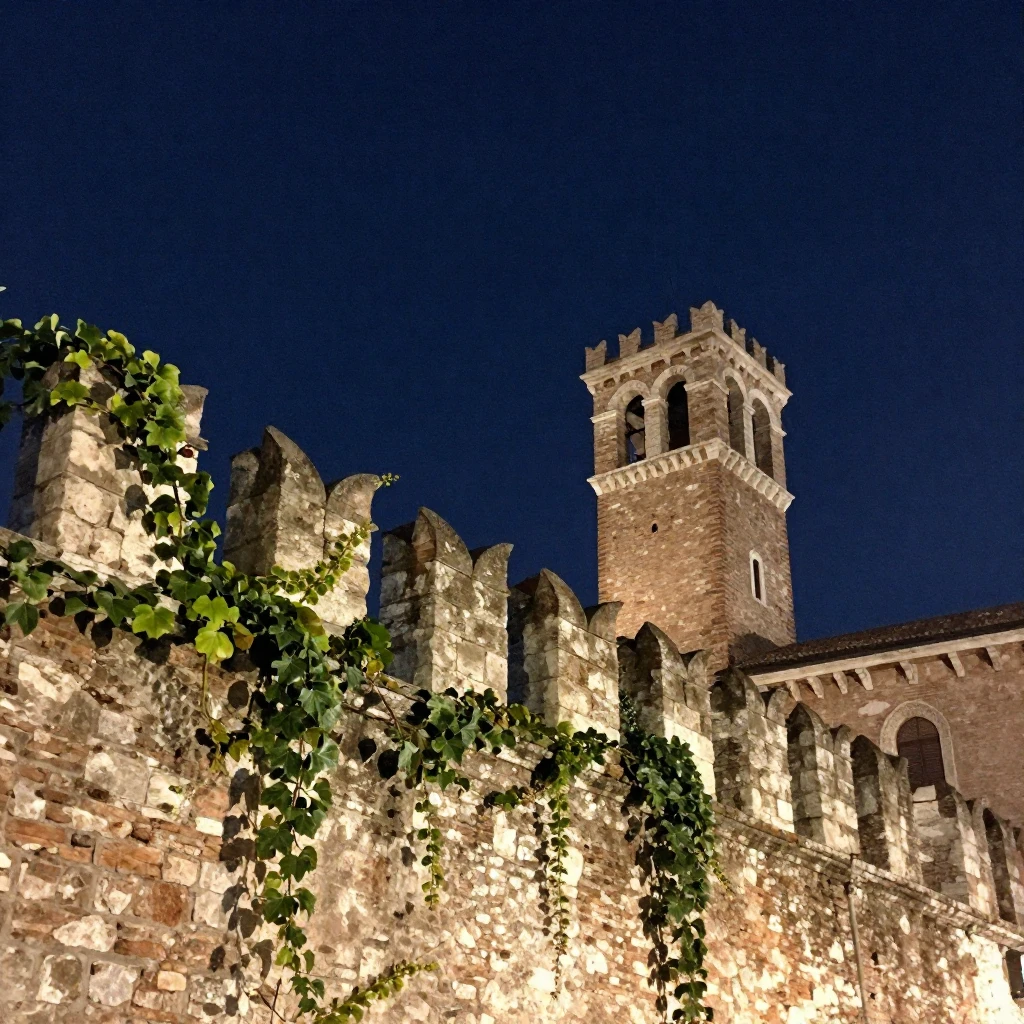 Ancient Verona architecture, dark blue night sky, stone wall...