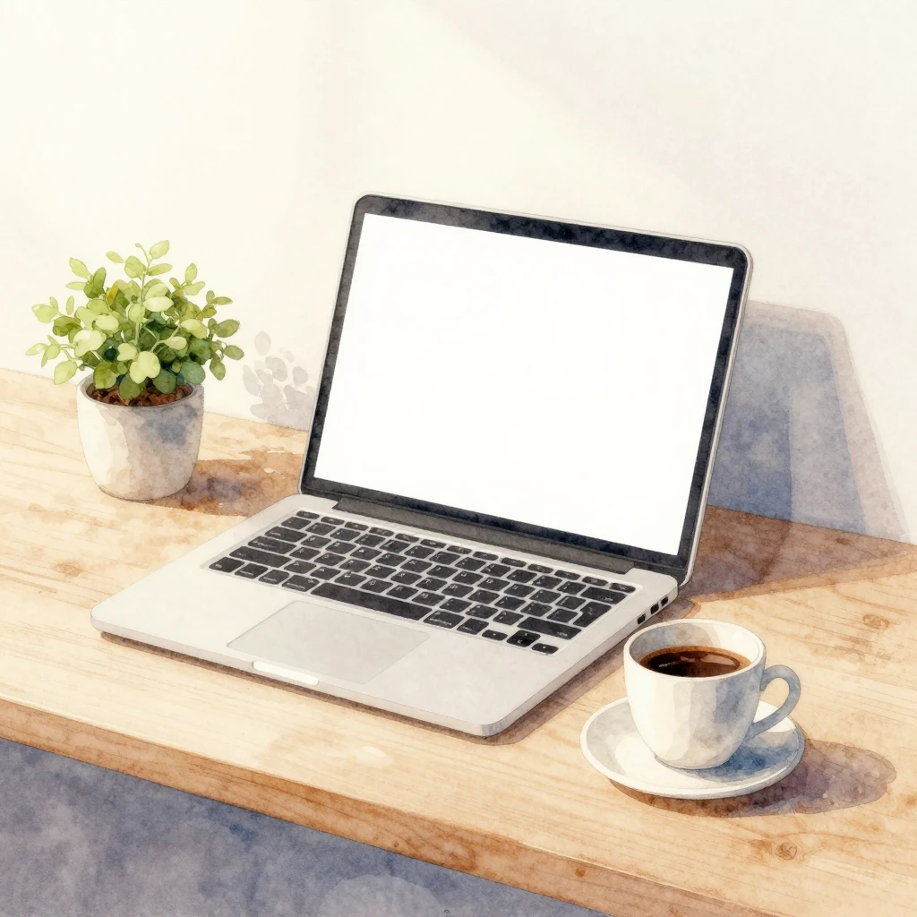 Watercolor illustration of a desk with a laptop, a warm cup ...