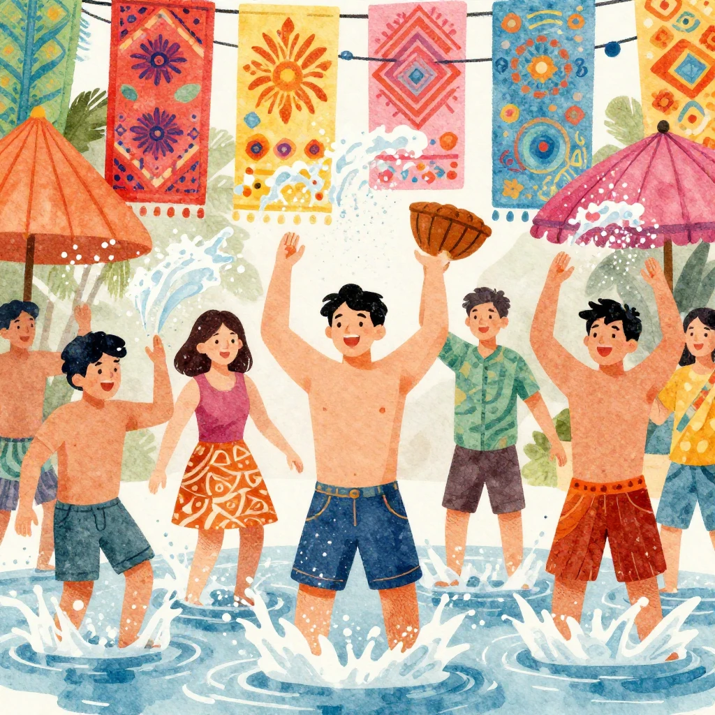 Vibrant watercolor style illustration of people joyfully spl...