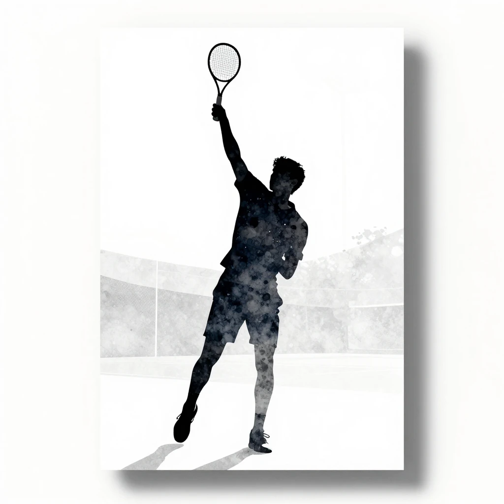 Minimalist poster with tennis player silhouette in watercolo...