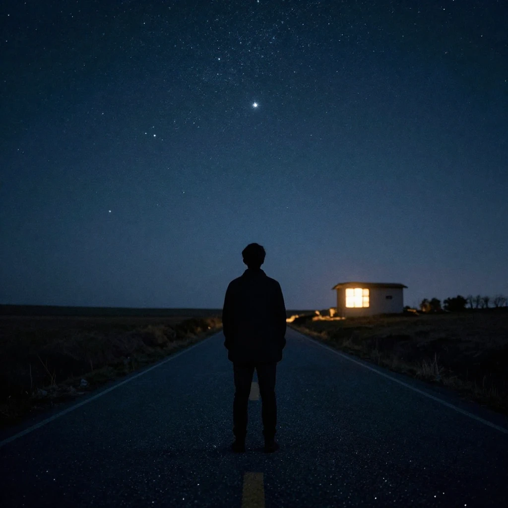 A lone silhouette of a person standing on a road covered in ...