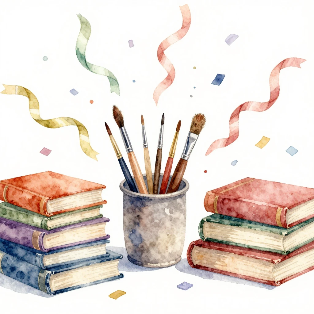 Watercolor style festive scene with art brushes, dancing rib...